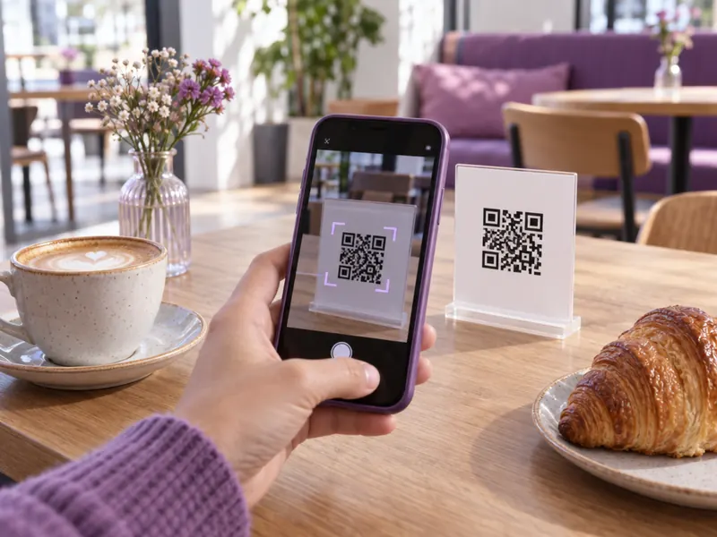 יד מחזיקה טלפון וסורקת קוד QR על מעמד בשולחן של בית קפה