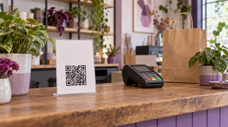 דלפק של חנות קטנה עם שלט עומד ועליו קוד QR